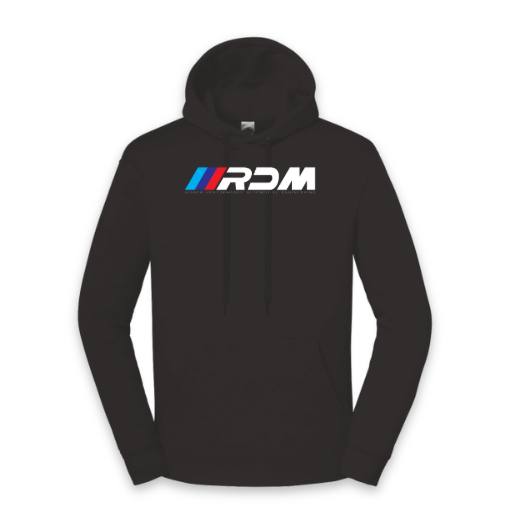 Black RDM hoodie with the white RDM logo on the chest